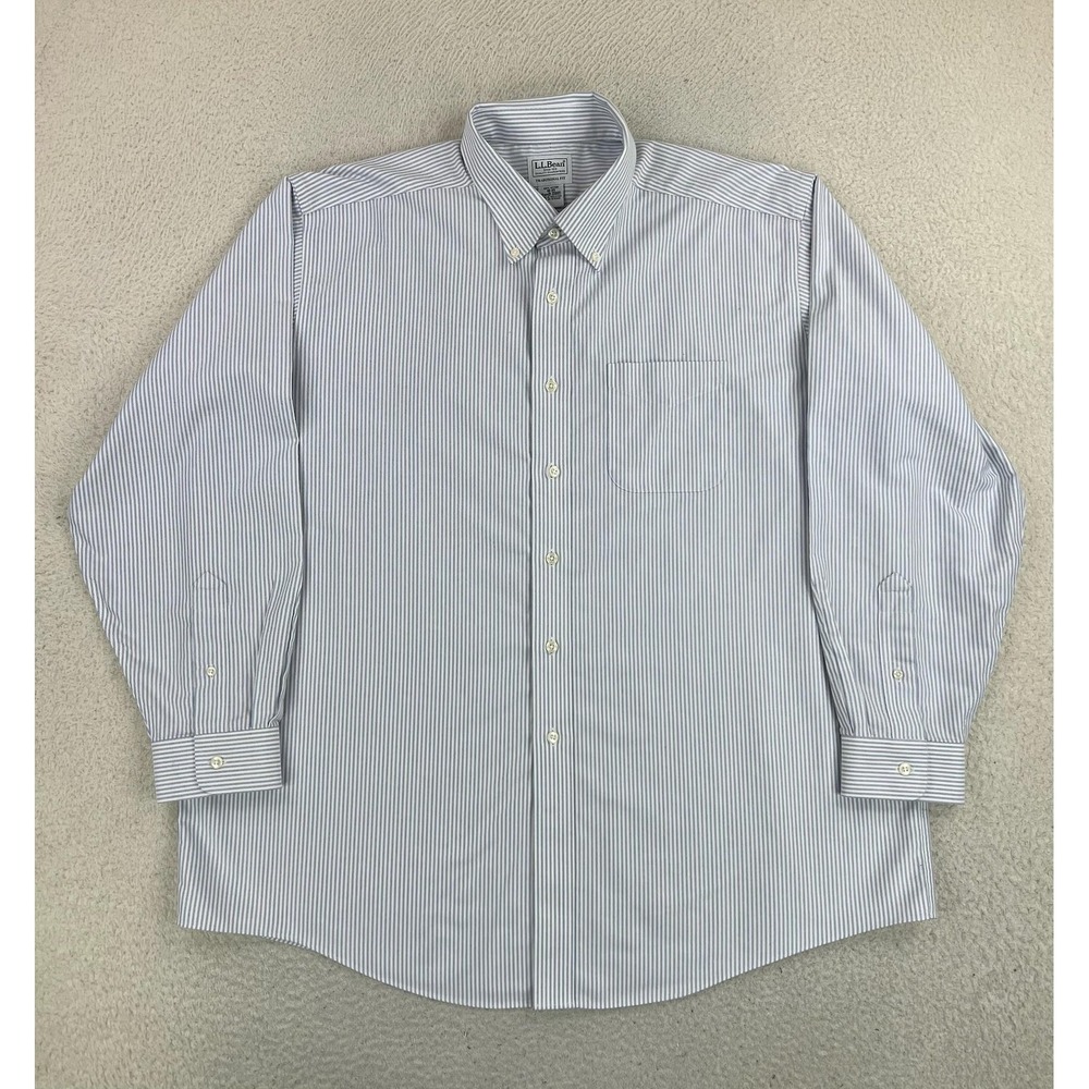 L.L. Bean Dress Shirt Mens 18 34/35 Blue Stripe Classic Fit Button Cotton LS